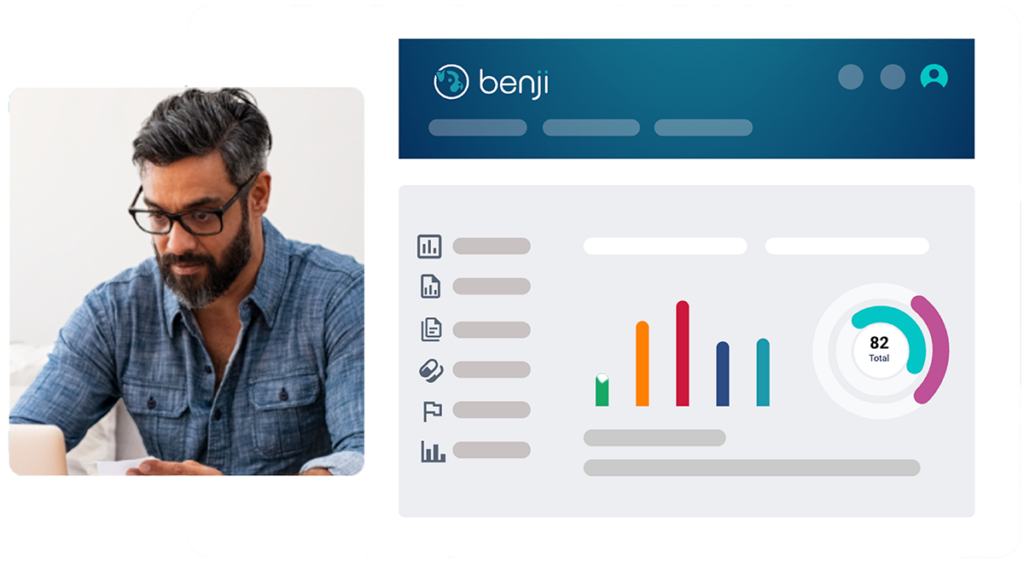 benji platform screenshot and man with glasses on laptop