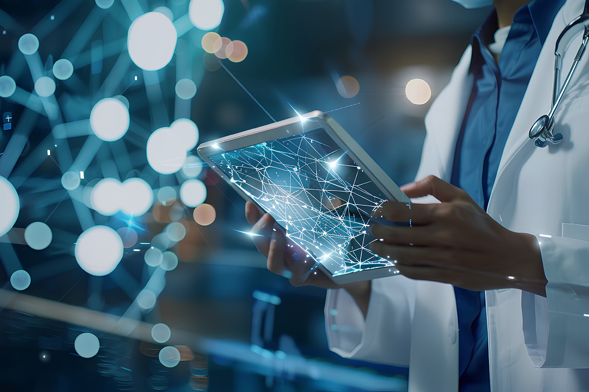 healthcare worker holding a futuristic looking tablet as they investigate cloud-based EMR software protecting behavioral healthcare data